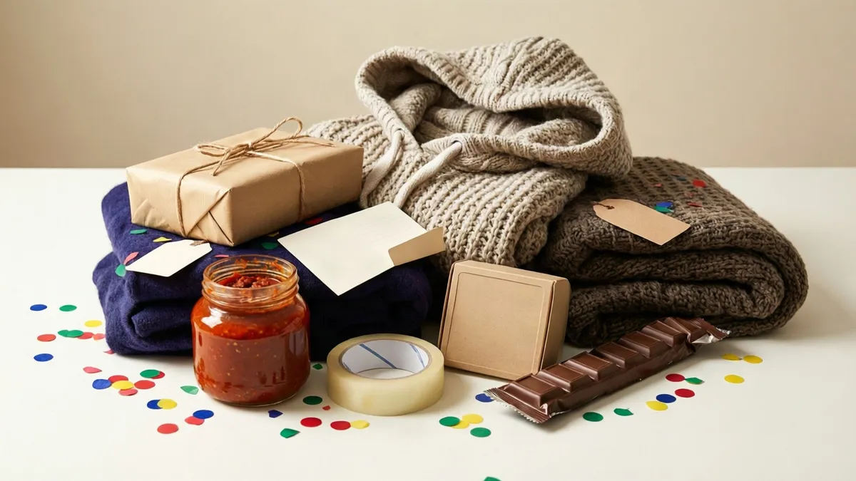 Knit sweaters, a wrapped gift, sauce jar, tape, and chocolate bar sit on a white surface with scattered confetti.
