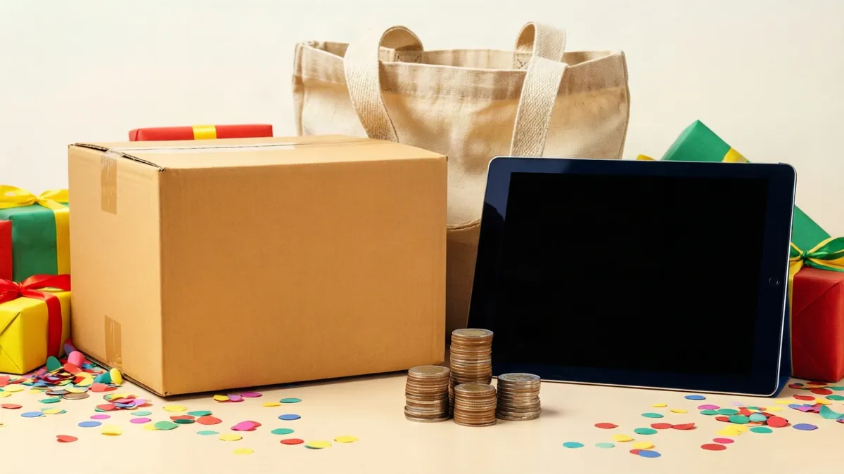 A cardboard box, beige bag, black tablet, stacks of coins, and colorful gifts sit on a surface scattered with confetti.