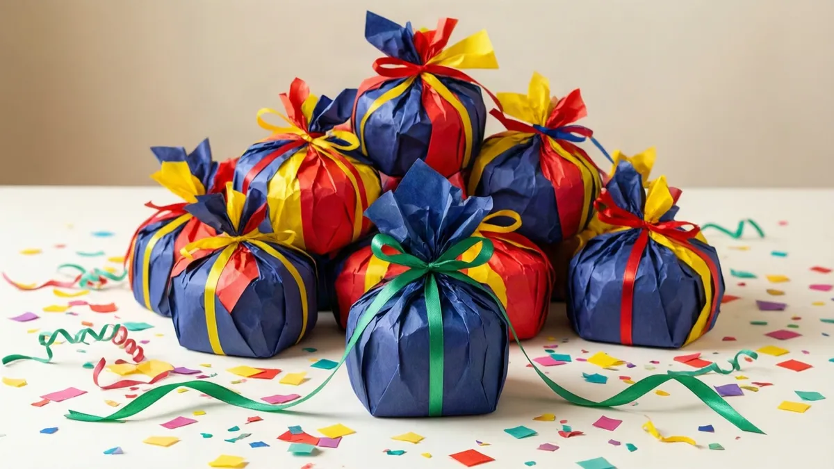 A pyramid of nine parcels wrapped in navy, red and yellow tissue paper on a white table, with one navy parcel tied with a green ribbon standing apart in front among confetti and curled ribbon