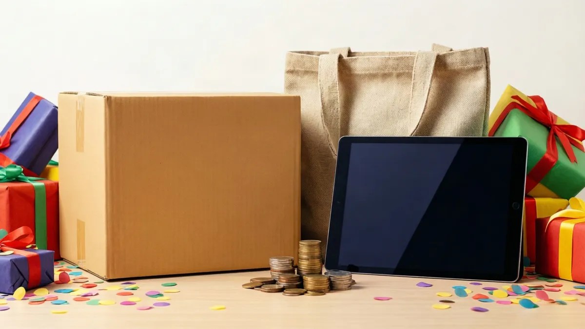A cardboard box, beige tote bag, tablet, stacked coins, and colorful wrapped gifts sit on a wooden surface scattered with confetti.