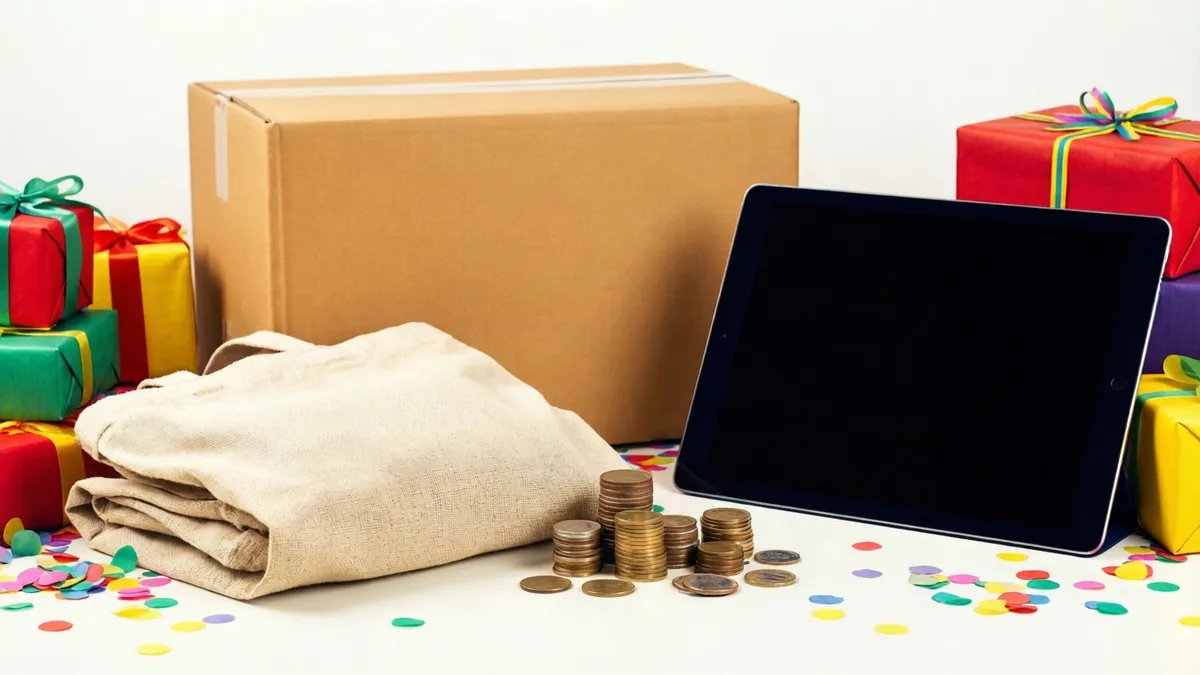 A cardboard box, folded canvas bag, tablet, and stacks of coins rest on a white surface surrounded by colorful gift boxes and confetti.