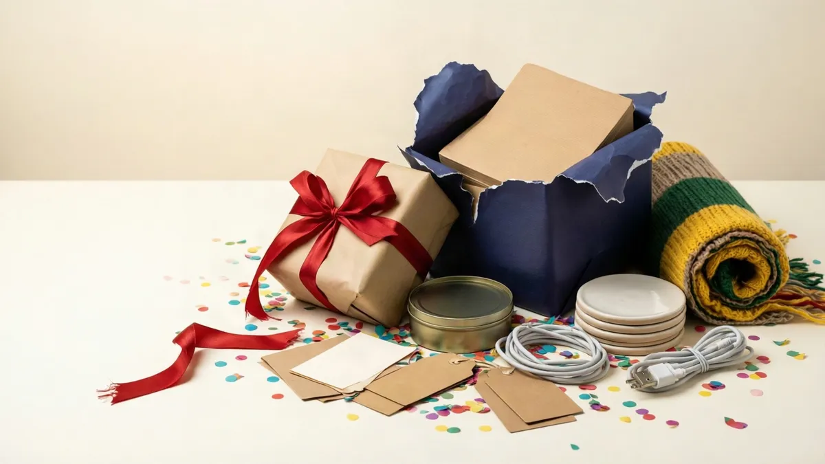 A scatter of generic white elephant gifts on a warm-white tabletop: a kraft-paper parcel with a red ribbon, an indigo parcel half torn open, a plain tin, a knitted scarf, coasters and blank paper slips.